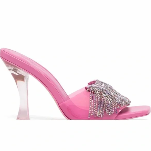 Cult Gaia Elegant Pink Heeled Mules with Rhinestone Fringe - Picture 1 of 9